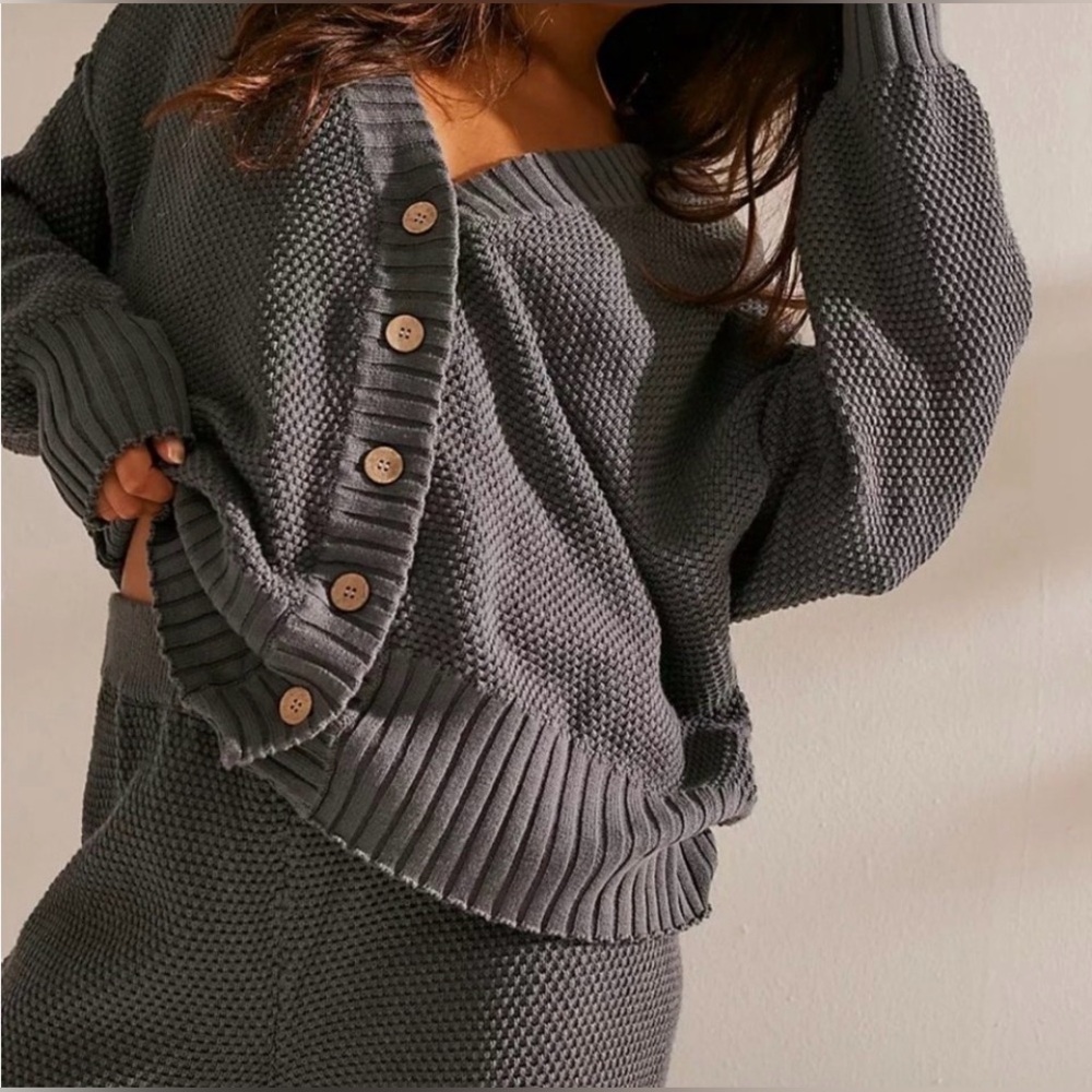 Free People Beach Set Hailee Size L Gray Waffle Knit Sweater Joggers Cardigan